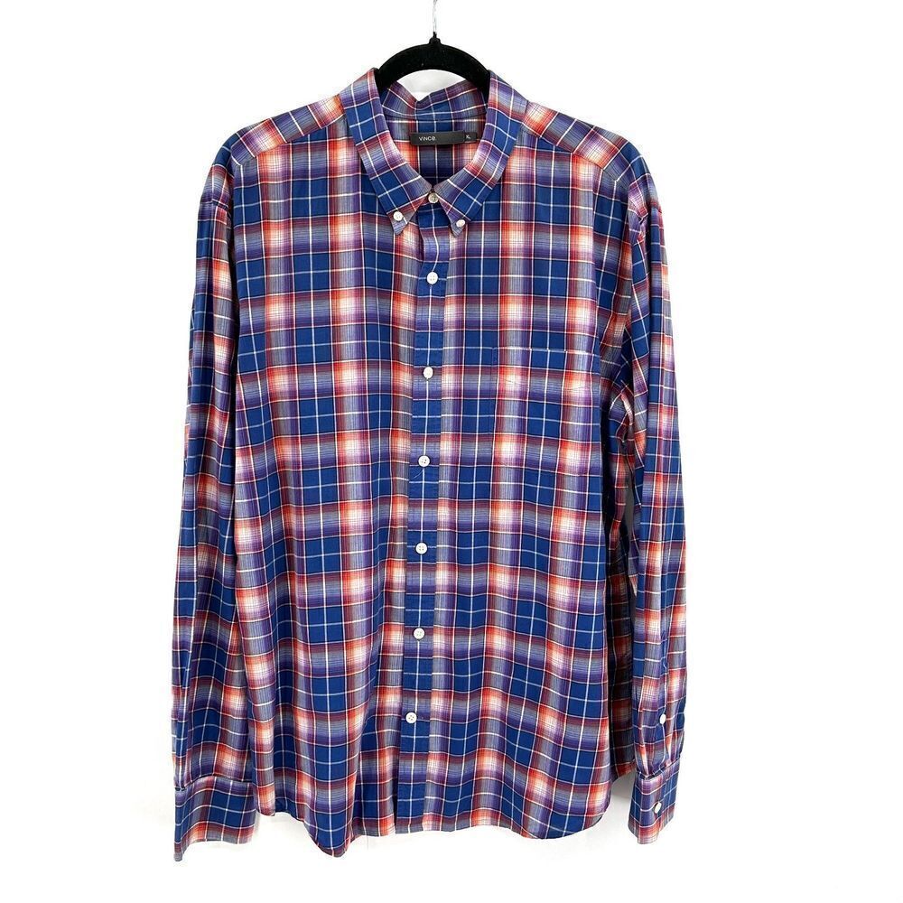 VINCE Men's Blue Red Plaid 100% Cotton Button Up Long Sleeve Shirt Size XL